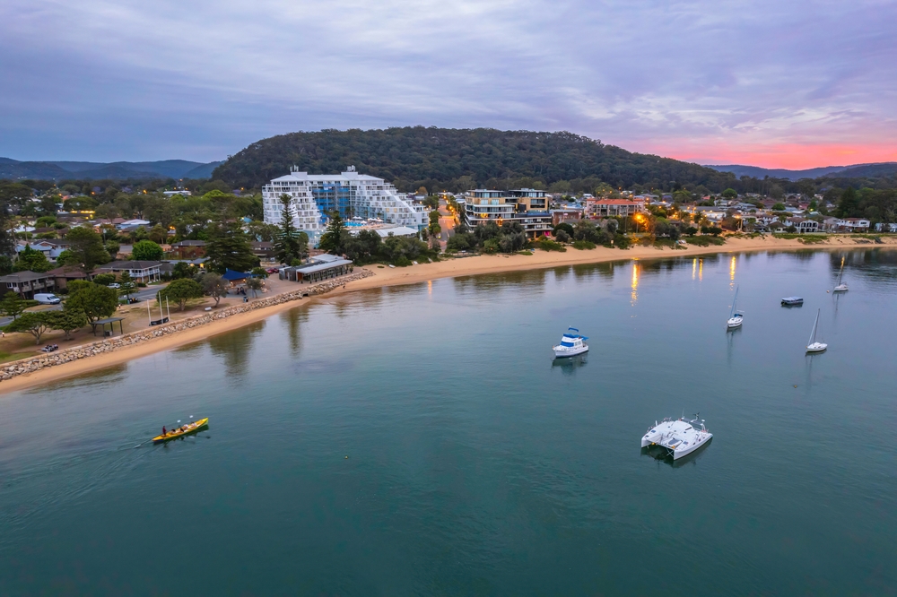 Aerial,Sunrise,At,Ettalong,Beach,On,The,Central,Coast,,Nsw,